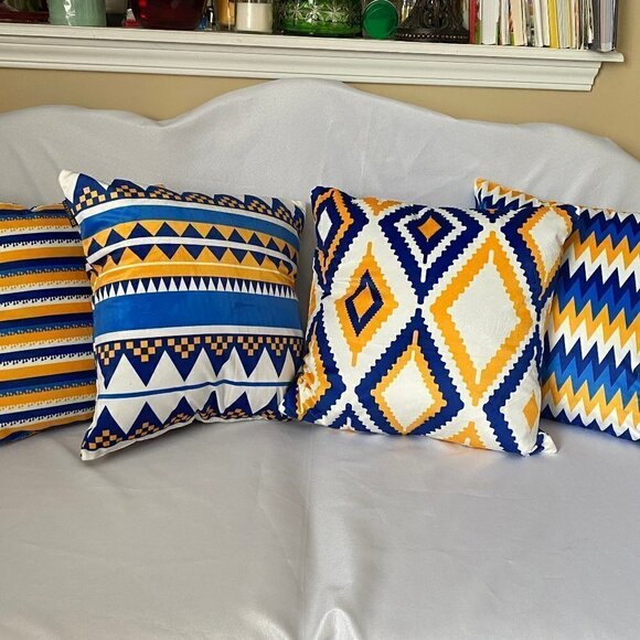 4 Piece Velour Yellow White Blue Color Modern Graffic Design Case Covers - Picture 1 of 9